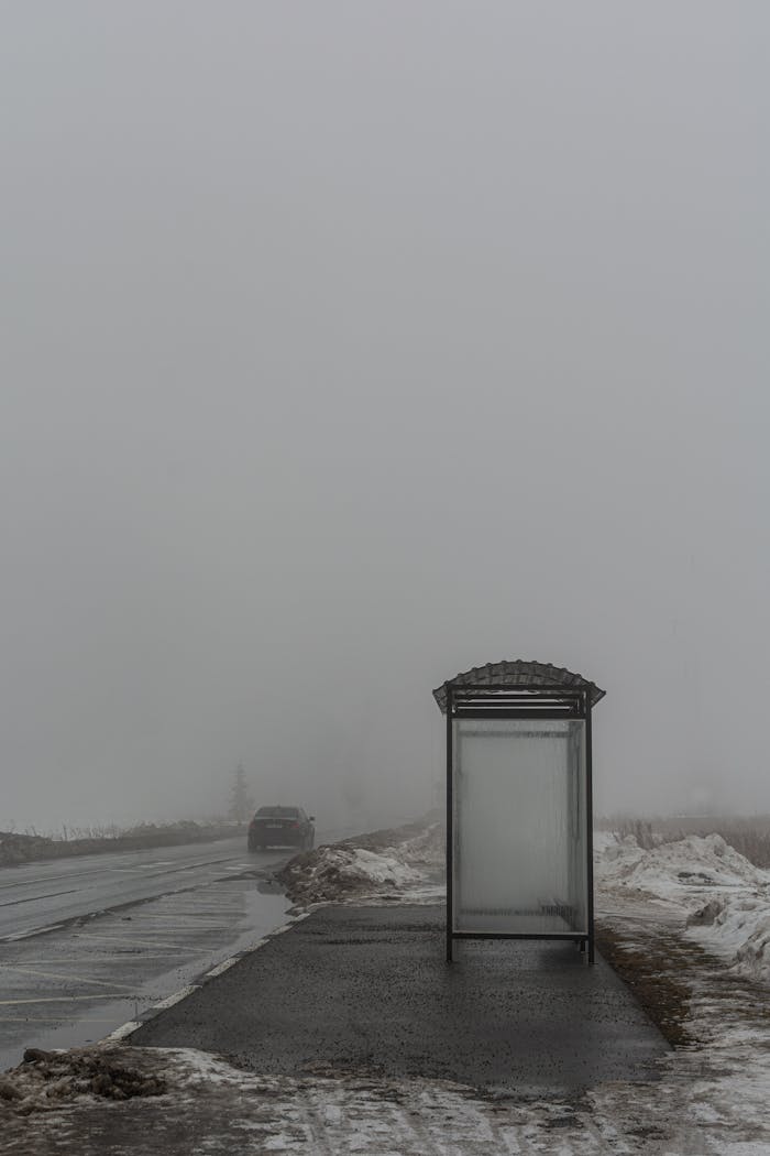 A misty winter scene of a bus stop in Viimsi, Estonia, with a foggy atmosphere.