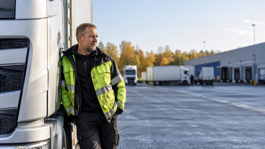 Veokijuht oma sõiduki juures logistikaplatsil