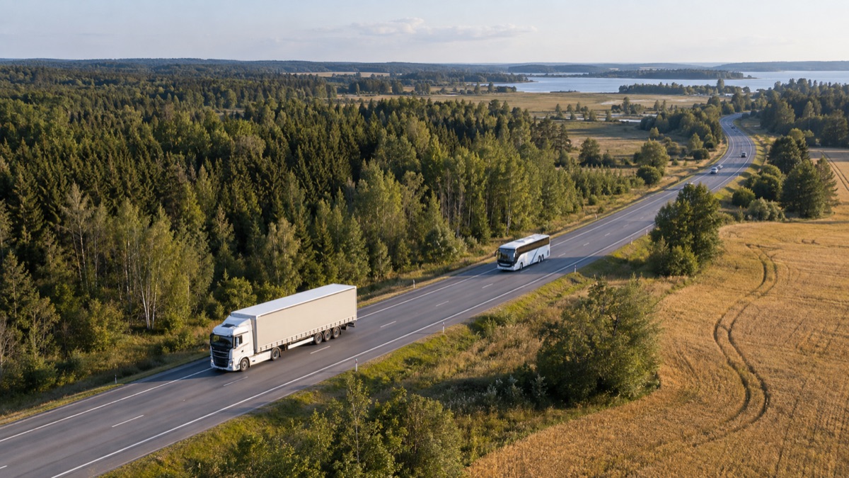 Veok ja buss Eesti maanteel metsade vahel