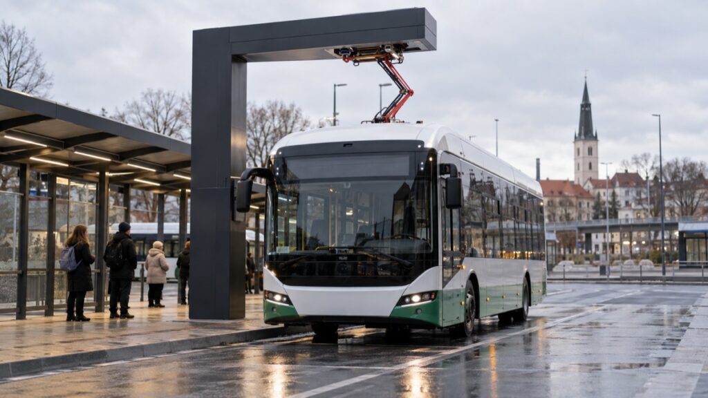 Elektribuss laadimisel linna bussiterminalis